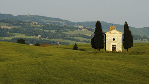 Vue sur les collines qui entourent la chapelle Vitaleta