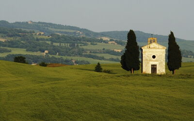 Vue sur les collines qui entourent la chapelle Vitaleta