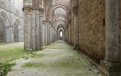Photo de San Galgano dans un jour de brouillard