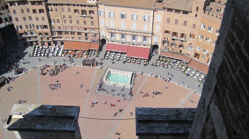Piazza del Campo in Siena from the bell tower.