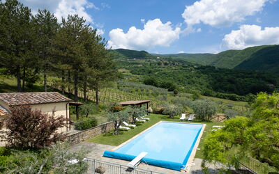 Villa Olivi - Subbiano, Toscana, Pool And Nature: Plante, L'Eau, Nuage, Ciel, Propriété, Piscine, Bleu Azur, Arbre, Paysage Naturel, Montagne