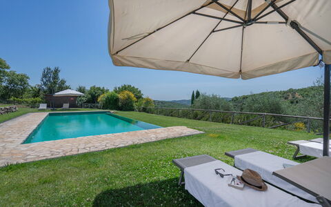 Chiara House In Galenda, Chianti, Pool And Nature: Plante, L'Eau, Propriété, Bâtiment, Parapluie, Bleu Azur, Ombre, Architecture, Mobilier De Jardin, Design Intérieur