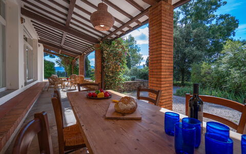 Poggetti San Luigi Country Home Follonica: Table, Meubles, Propriété, Bleu, Plante, Chaise, Porche, Bois, Pot De Fleur, Arbre