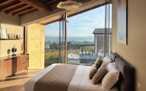Melaiolo Modern Apartment with Pool, Montaione, To: Meubles, Design Intérieur, Lit, Chambre, Domicile, Linge, Sol, Pièce, Sol, Literie