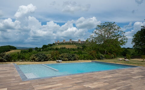 Le Torri, Borgo Campassini, Monteriggioni: Piscine, Jardin, Dalle, Aménagement Paysager, Ombre, Parquet, Passerelle, Arrière-Cour, Mobilier De Jardin, Tuile