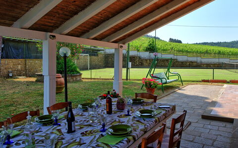 Villa Adriana: Meubles, Chaise, Ombre, Table Cuisine Et Salle A Manger, Pot De Fleur, Mobilier De Jardin, Structure En Plein Air, Tableau De Plein Air, Plante D'Appartement, Arrière-Cour