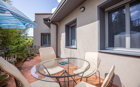 Il Ferrone Apartment with Garden - Greve in Chiant: Domicile, Meubles, Appartement, Chaise, Balcon, Ombre, Daylighting, Tache De Bois, Plante D'Appartement, Mobilier De Jardin