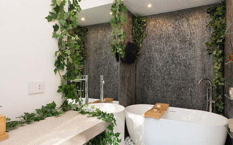 Villa Lunezia 6: Luminaire Plomberie, Design Intérieur, Plante D'Appartement, Salle De Bains, Pot De Fleur, Matériau Naturel, Robinet, Plomberie, Baignoire, Mur De Pierre