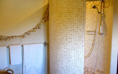 Bathroom with round shower made from travertine mosaic